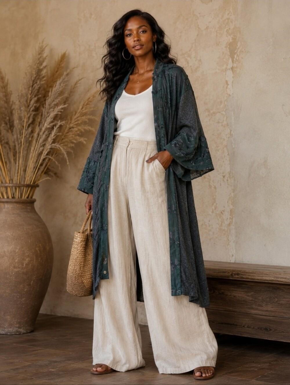 NEW!!!! POL Gray and Green Floral Kimono Long Coat,Sz SM/MED, MED/LRG, NWT